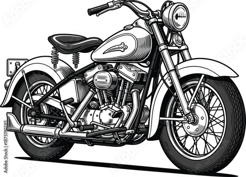 Detailed black and white illustration of a classic Vtwin cruiser motorcycle with a solo seat and spoked wheels.