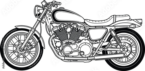 Classic Vtwin motorcycle in a detailed black and white line art illustration shown in a side profile view.