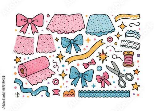 Colorful Tulle Illustration. Tulle Textures. Colorful Hand-drawn doodle Children illustration mesh fabric, ribbons, bows, sparkles, stars, lace trim, fabric