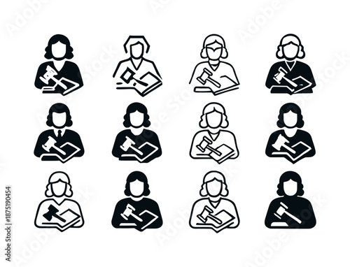 Judge Verdict Logos. Judge in Robes Delivering Verdict. Icon set. Set Logo of Judge in Robes Delivering Verdict: law book with gavel crossing it. harmonious
