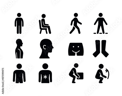 Body Posture Icons. Body posture fundamentals. Solid icon set of body posture fundamentals: standing posture, sitting posture, walking posture, balanced
