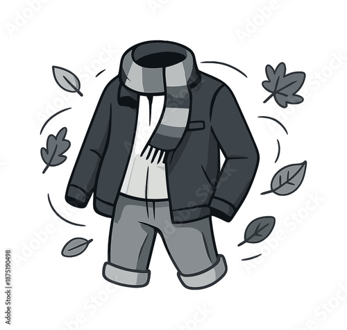 Autumn Breeze Outfit. Chill autumn layers. A scarf, jacket, and rolled-up chinos move with breezy fall currents, leaf icons drifting around. Soft gradients