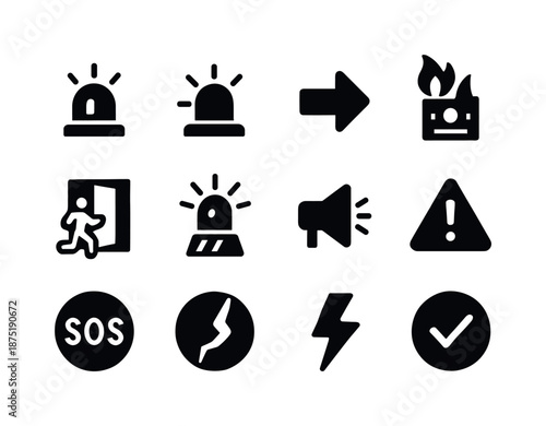 Emergency Warning Icons. Emergency warnings. Solid icon set of emergency warnings: alarm siren, emergency light, evacuation arrow, fire alarm, emergency exit
