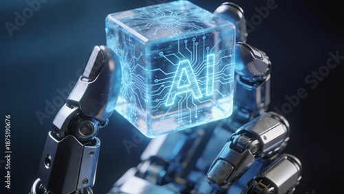 Obraz na płótnie Future Tech Robotic Hand Grasps Luminous AI Cube in Dark Digital Realm.