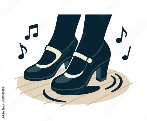 Flamenco Dance Vibes. Flamenco shoes. Strong-heeled shoes press lightly against a wooden floor, shadow arcs echoing powerful steps. Bold icons convey rhythm.