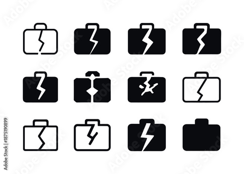 Business Closure Icons. Company going out of business. Icon set. Set Logo of Company going out of business: broken briefcase. harmonious logo variations of the