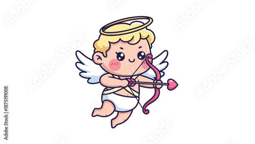 Charming vector illustration of a cute little Cupid with halo and wings, holding a bow and heart arrow, perfect for Valentine's Day celebrations and expressions of love