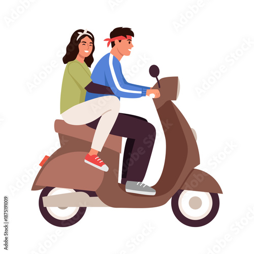 Vector illustration of a cheerful, loving couple of a guy and a girl riding a scooter.Cartoon scene of a guy driving a brown moped,a girl sitting behind and hugging him isolated on a white background.