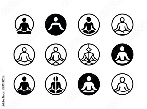 Embracing Solitude Icons. Embracing Solitude and Personal Time. Icon set. Set Logo of Embracing Solitude and Personal Time: person meditating in a circle.
