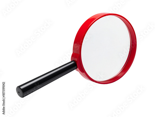 Angled Red Magnifying Glass Highlighting Lens Detail, Three-Quarter View, Isolated