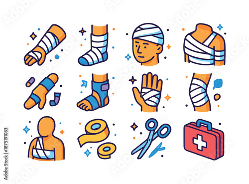 Colorful Medical Icons. Bandaged body. Colorful isometric vector icons set of bandaged body: arm with bandage, leg cast, head bandage, wrapped torso, finger