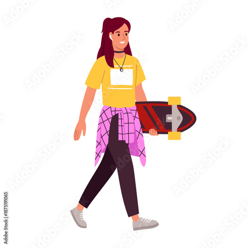 Vector illustration of a teenage girl with a skateboard. Cartoon scene of a smiling girl holding a skateboard, wearing a yellow t-shirt, pants, a necklace, headphones isolated on a white background.