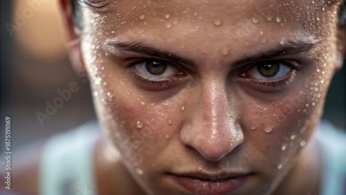 Intense portrait of a determined individual with beads of sweat, reflecting focus and effort.