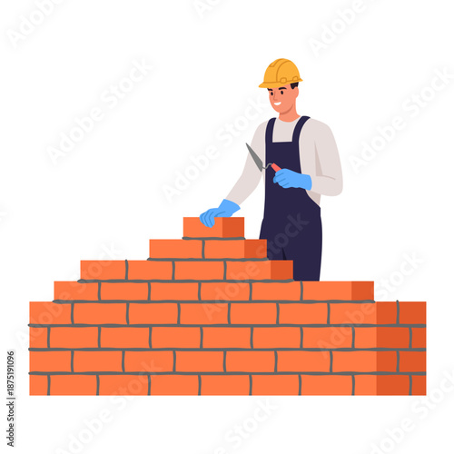 Vector illustration of a builder laying bricks. Cartoon scene of a builder dressed in blue overalls, yellow helmet, laying bricks smeared with mortar, holding a trowel isolated on a white background.