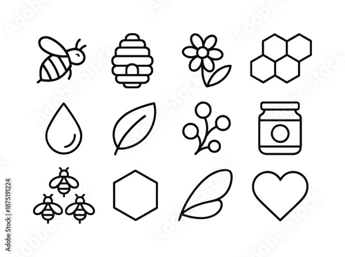 Bee Icon Collection. Bees. Line icon set of Bees: flying bee, hive, flower, honeycomb, droplet, leaf, pollen, jar, swarm, hexagon, bee wing, heart. All outline