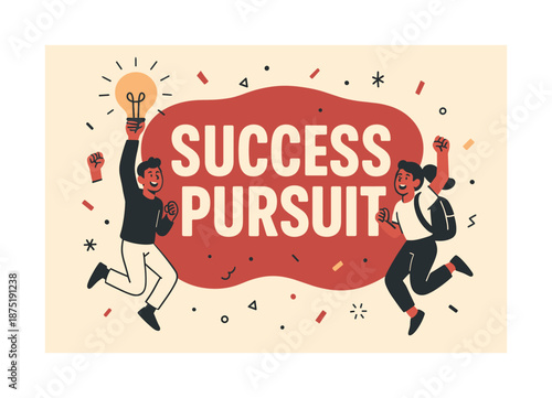Success Celebration Banner. Success pursuit banner, flat vector illustration, bold oversized text inside rounded blob, cartoon characters jumping and cheering,