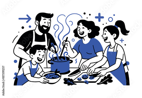 Family Cooking Together. Cooking together. Parents and kids prepare a meal in a warm kitchen, hands passing ingredients and stirring pots. Steam and laughter