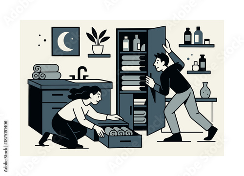 Elegant Storage Design. Storage solutions. Hidden drawers and sliding cabinets open smoothly, with towels, toiletries, and decor items arranged harmoniously.