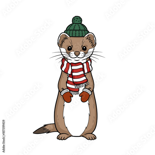 Cute brown weasel wearing green beanie red scarf and mittens. Isolated transparent background ( include cut-out PNG file )