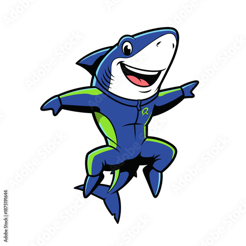 Funny cartoon shark illustration with happy cute blue character