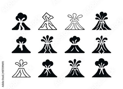 Volcanic Eruption Icons. Volcanic eruption. Icon set. Set Logo of Volcanic eruption: molten fissure. harmonious logo variations of the same emblematic concept,