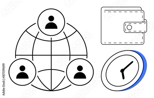 Business operations, teamwork, finance management, networking, time tracking, scheduling. Features network structure, wallet clock. Highlights teamwork and finance management concept