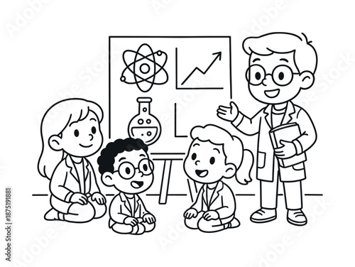 Kids' Science Discussion. Science meeting children?s coloring book illustration, outlined drawing, a small group discussing basic diagrams on a poster board,