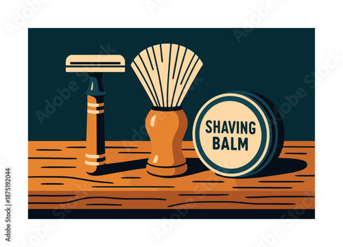 Vintage Shaving Essentials. Classic shave kit. A vintage-style kit with razor, brush, and tin of balm sits on a wooden surface, warm textures and subtle