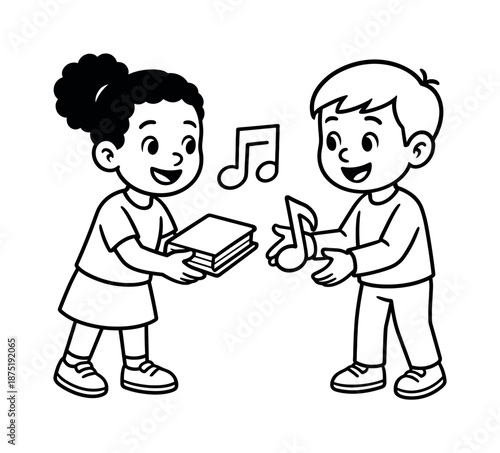 Kids' Cultural Exchange. Cultural exchange children?s coloring book illustration, outlined drawing, friendly kids trading simple symbolic items like books or