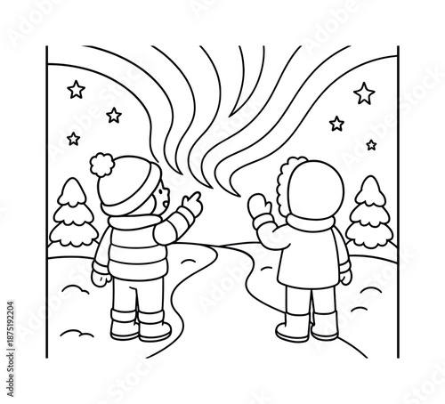 Stargazing Kids' Coloring Page. Snowy path stargazers children?s coloring book illustration, outlined drawing, a bundled-up pair standing on a simple snow path
