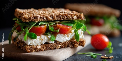 Healthy whole grain sandwich with tomato, feta, and greens on cutting board © Iryna