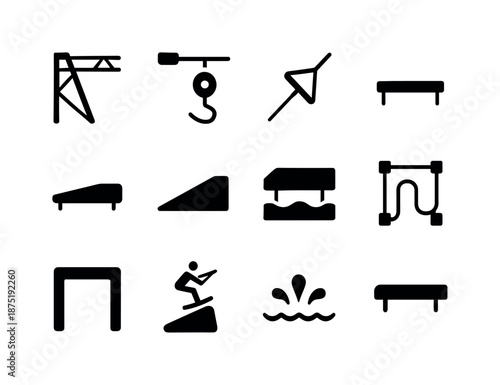 Cable Park Icons. Cable park wakeboarding. Solid icon set of Cable park wakeboarding: cable tower, pulley system, handle rope, starting dock, slider rail,