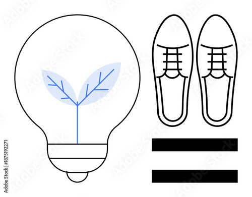 Lightbulb featuring a leaf representing eco-friendly innovation, paired with shoes and equality sign. Ideal for sustainability, innovation, equality, eco-conscious business, creativity, ethical