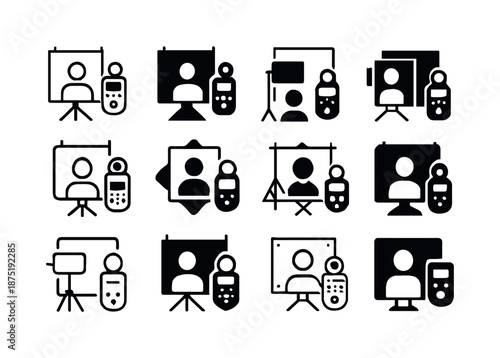 Studio Portrait Icon Set. Taking portraits in a studio. Icon set. Set Logo of Taking portraits in a studio: exposure meter. harmonious logo variations of the