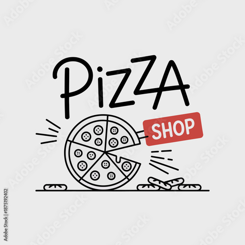 This stylish illustration showcases a minimalistic pizza shop design featuring a pizza graphic and a playful vibe, perfect for attracting attention to culinary delights.
