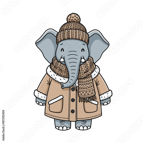 A cute grey elephant wears a tan parka beanie and scarf. Isolated transparent background ( include cut-out PNG file )