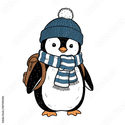 A cute penguin wears a blue beanie striped scarf and brown backpack. Isolated transparent background ( include cut-out PNG file )