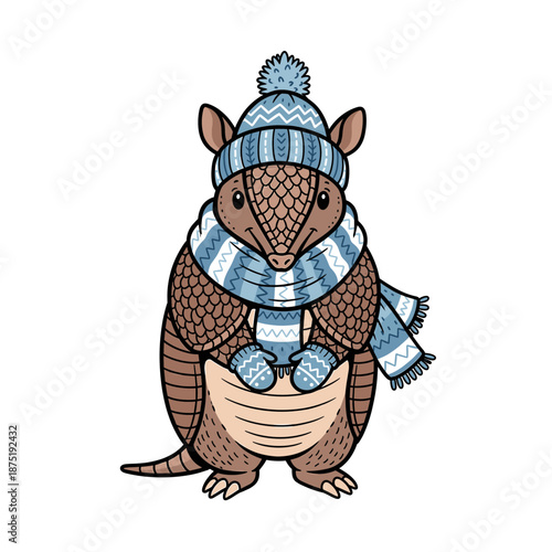 Armadillo wearing blue knit winter hat scarf and mittens on a white background. Isolated transparent background ( include cut-out PNG file )