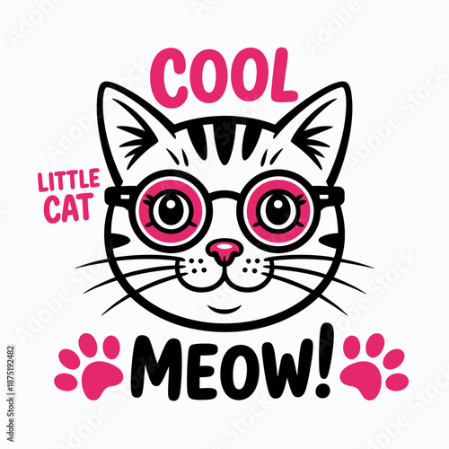 A bright illustration of a cool cat wearing oversized glasses, showcasing a whimsical design that captures the playful essence of a little feline full of charm.