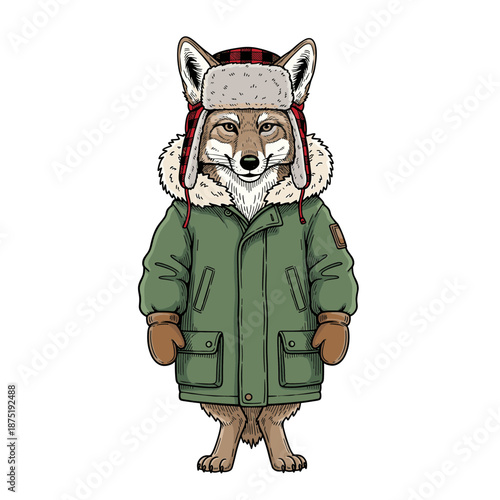 A furry coyote stands wearing a green parka and a plaid trapper hat. Isolated transparent background ( include cut-out PNG file )
