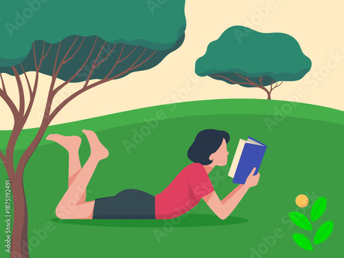 A peaceful illustration of a person reading on the grass, surrounded by trees and nature, capturing the serene experience of enjoying a book outdoors.