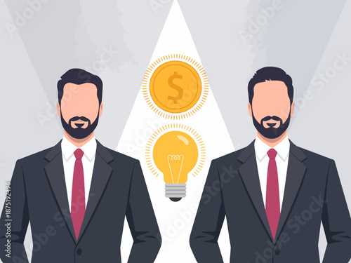 An intriguing illustration depicting two businessmen in suits brainstorming ideas, surrounded by light bulbs and dollar signs to represent innovation and success.