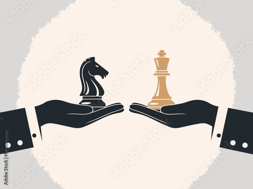 Two hands presenting a knight and a king chess piece, symbolizing strategy, competition, intelligence, and the intricate dance of tactics in a mental battle.