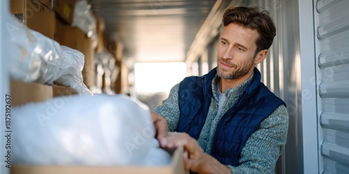 Caucasian male adult organizing boxes in storage unit