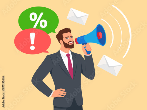 A stylish illustration of a businessman using a megaphone to promote ideas, surrounded by speech bubbles, symbolizing communication, marketing, and effective messaging in business.