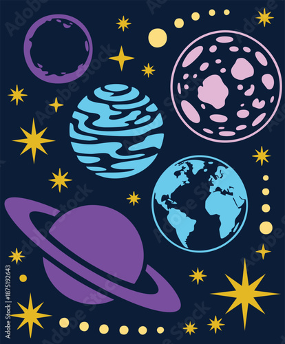 Colorful Hand Drawn Planet and Galaxy Illustrations Set