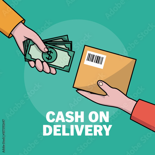 A simplified illustration depicting a cash on delivery transaction, showing the exchange of money for a package, highlighting the convenience of modern shopping.