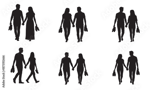 Silhouettes of couples holding hands and carrying shoes, walking together, representing love, romance, and shared journeys.