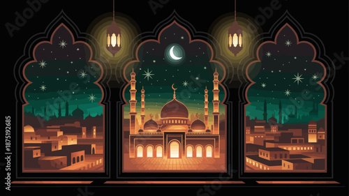 This captivating illustration offers a view of a beautiful mosque at night, showcasing its stunning architecture under a starry sky, perfect for cultural or religious themes.