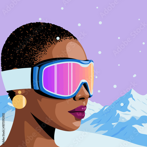 A stylish woman wearing ski goggles and a winter outfit poses in front of a snowy landscape, embodying adventure, fashion, and the thrill of winter sports.